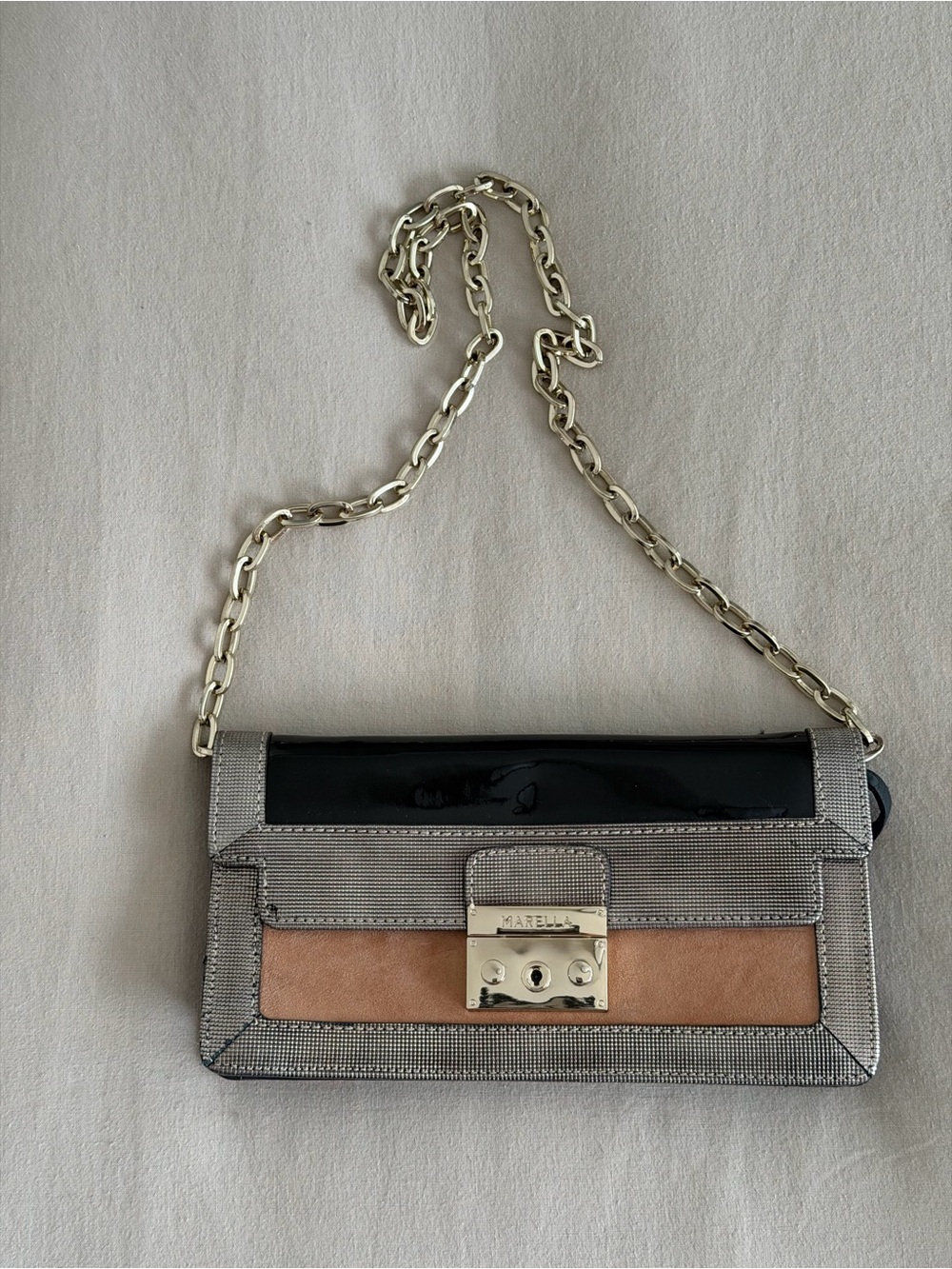 MARELLA Mixed-Material Chain Crossbody in Black, Gray & Tan